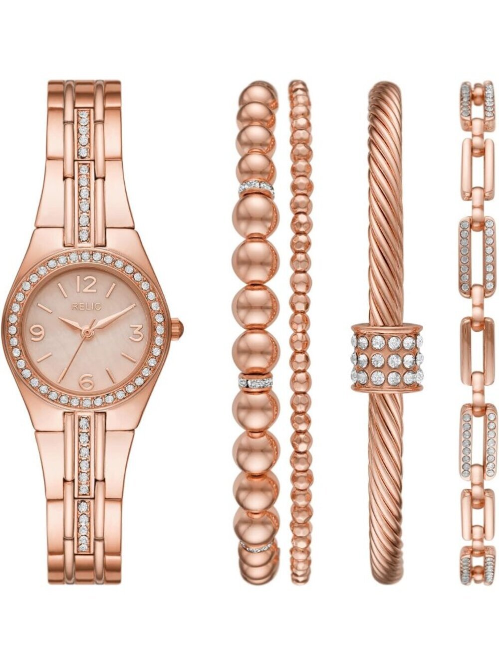 Relic Women's Rose Gold Analog Fossil Queen's Court Bracelet Sets Luxury Watch